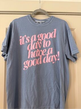 Comfort Colors Blue Graphic Tee with Pink Print